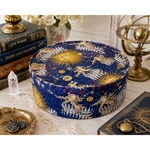 Vintage 90s Celestial Round Hat Box Cherub Zodiac Sun Moon Decorative Storage